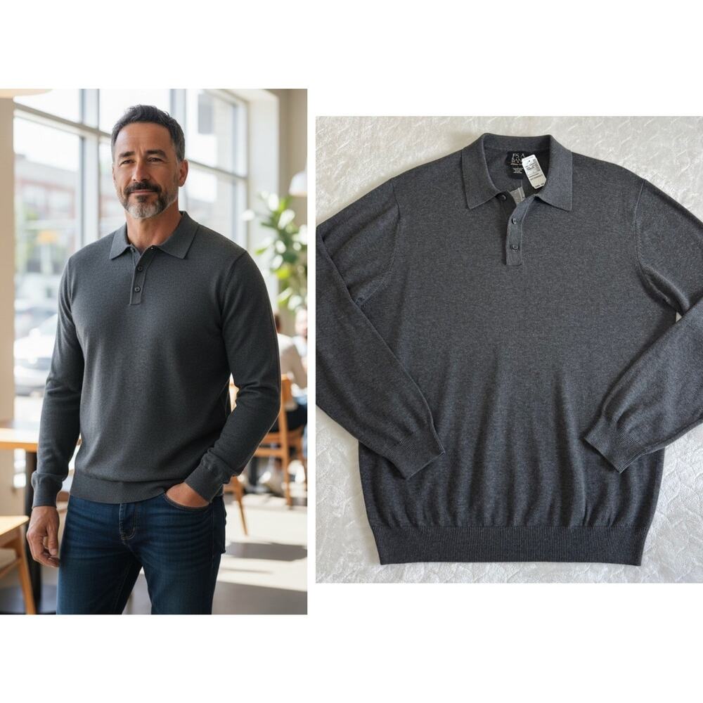 NWT Jos. A. Bank Men’s Size L Polo Sweater 100% Pima Cotton Charcoal Gray $99